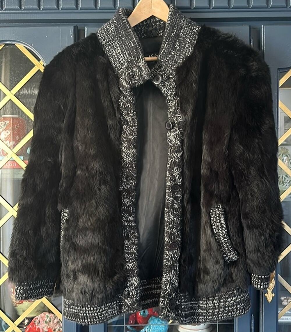 Niki vintage rabbit fur coat with sweater trim black shoulder pads medium 80s 90